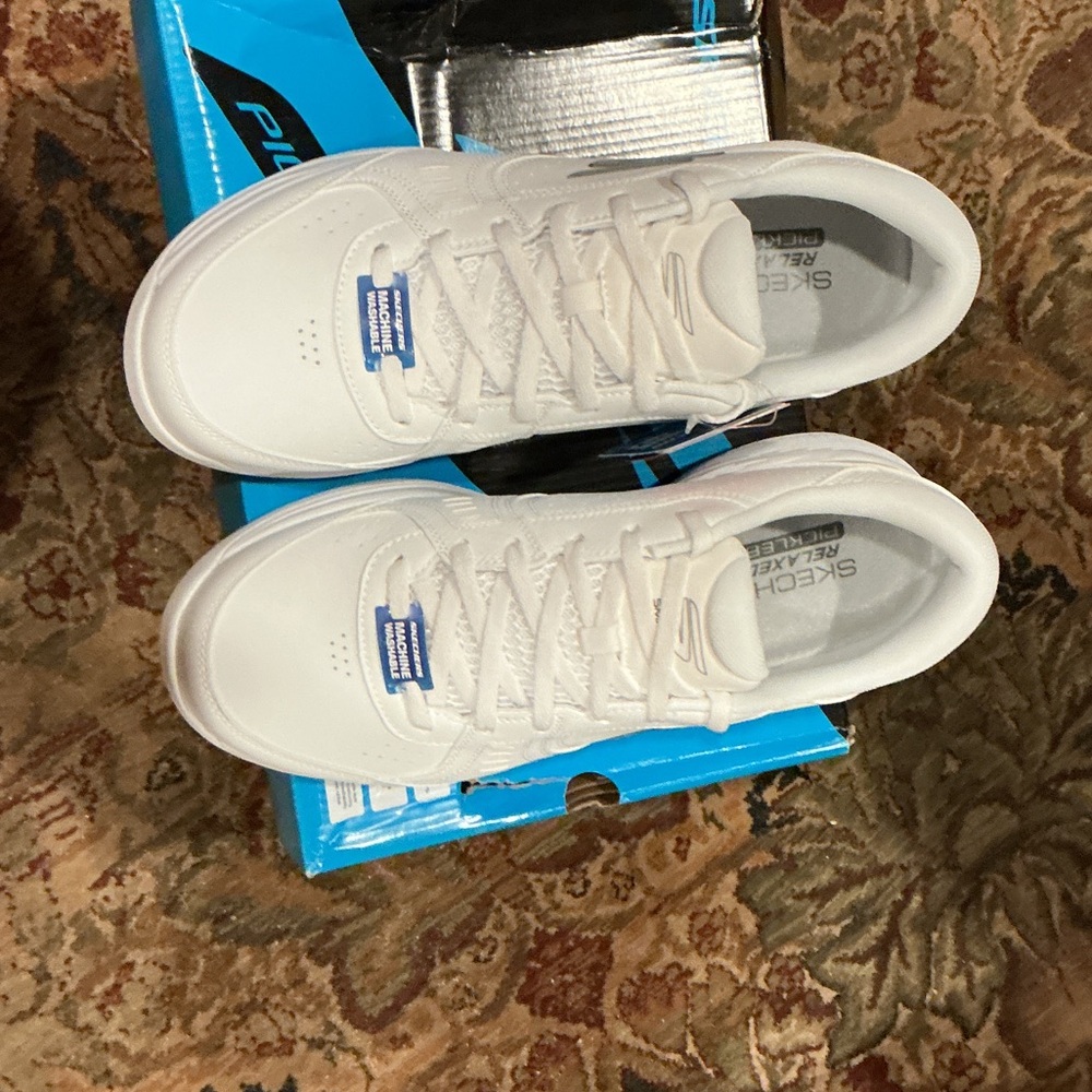 Skechers Classic White Sneakers with Blue Highlights